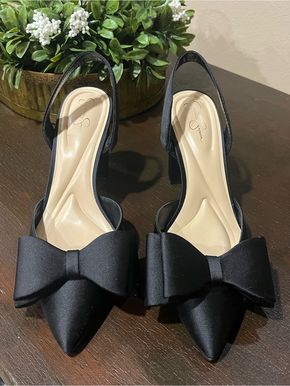 Jessica Simpson Black Satin Bow Slingback Mules